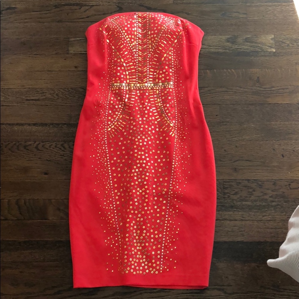 Red and Gold strapless midi gown